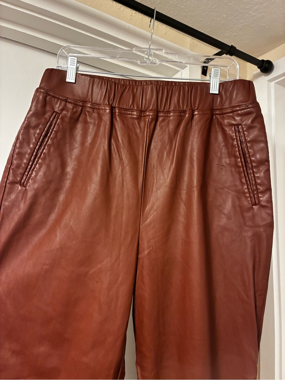 Warm Brown Faux Leather Stretchy Pants Slim Fit Elastic Waistband